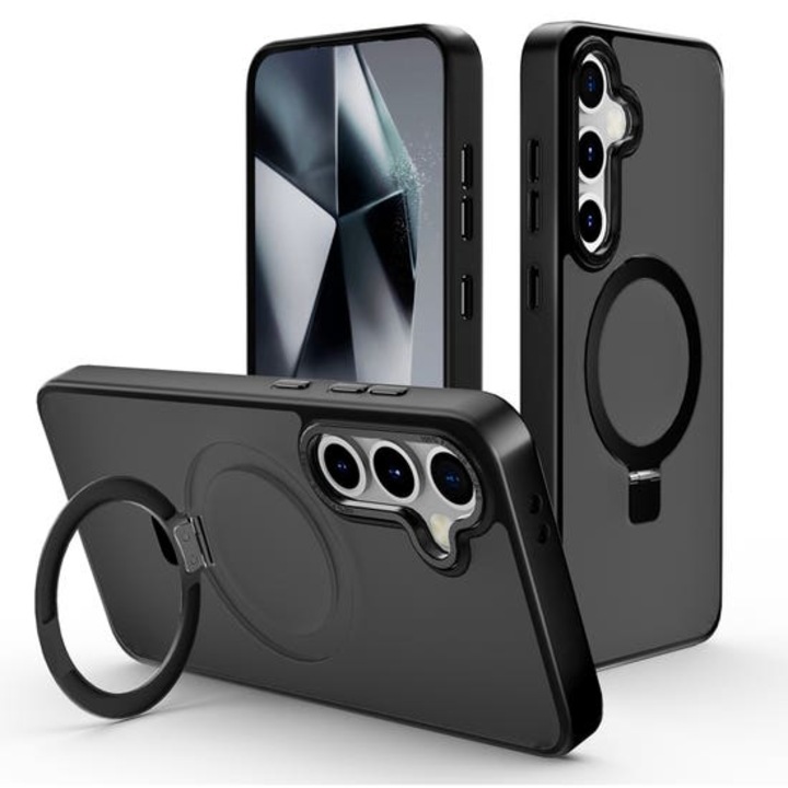 Husa pentru Samsung S25 Plus Premium Magsafe Ring, Inel de Prindere, Incarcare Wireless, Protectie Camera, Antisoc, Fumuriu cu margini Negre