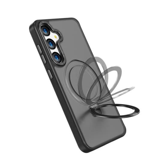 Husa pentru Samsung S25 Plus Premium Magsafe Ring, Inel de Prindere, Incarcare Wireless, Protectie Camera, Antisoc, Fumuriu cu margini Negre