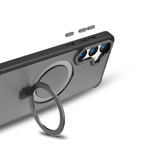 Husa pentru Samsung S25 Plus Premium Magsafe Ring, Inel de Prindere, Incarcare Wireless, Protectie Camera, Antisoc, Fumuriu cu margini Negre