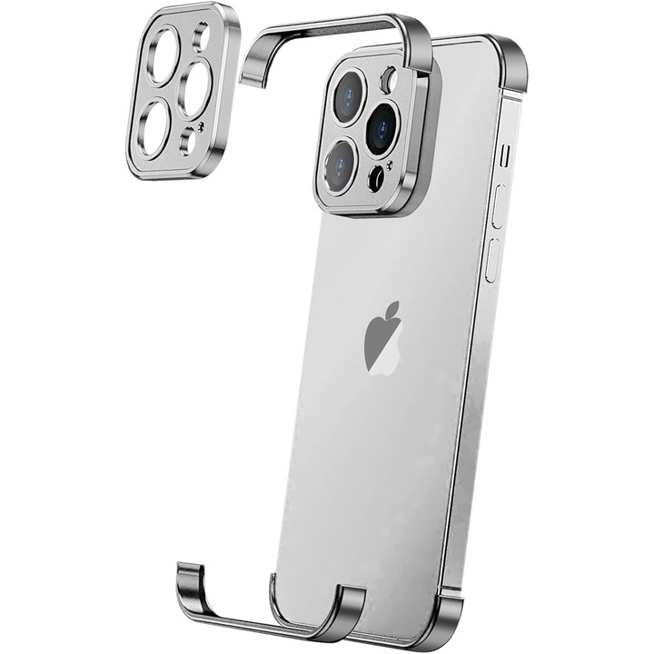 Husa Metalica Edgeless Compatibila cu iPhone 16 Pro Max, Flippy, Protectie pentru Colturi si Camera, Aliaj Aluminiu, Antisoc, Antizgariere, Argintiu Titan