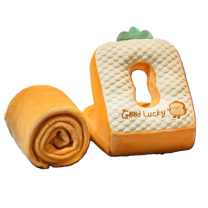 Set 2in1 Patura Microfibra si Perna din Spuma, By Fitilomania, pentru Birou, Calatorii, Pauze, Model Paine, Microfibra, 1x1.7 m, 30x35x30 cm, Maro