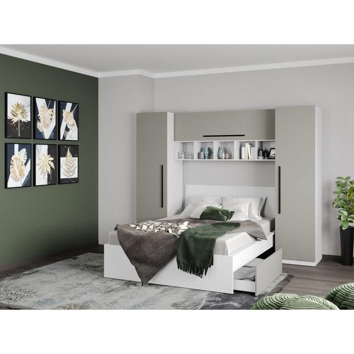 Set Dormitor Soares, 2.56m cu Pat incadrat,, Corp suprapozabil, 2 x Dulap 0.51m, Pat 140 x 200