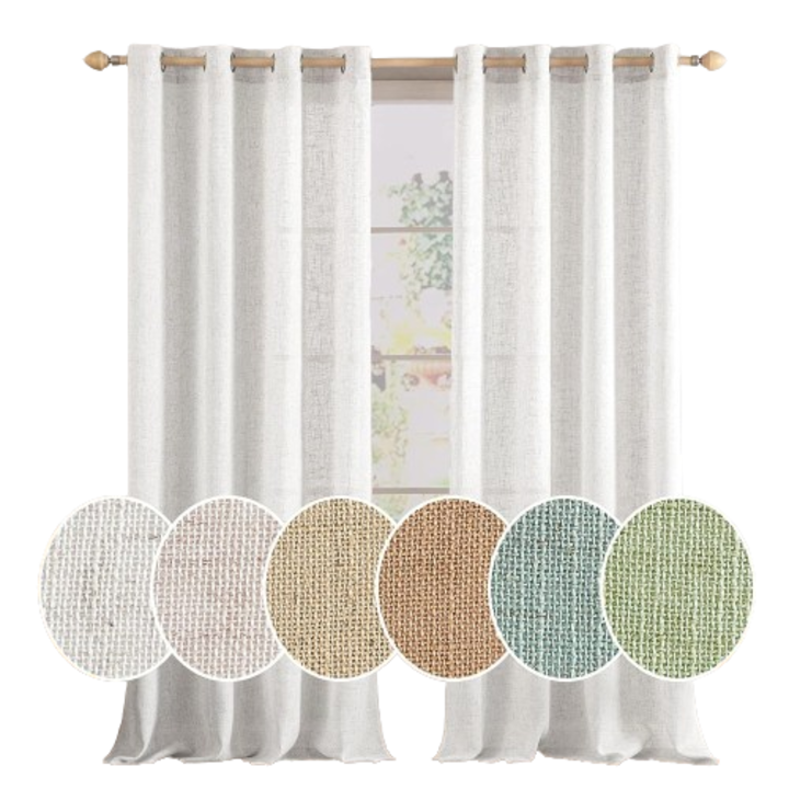 Függöny gyűrűkkel, 140 x 258 cm, vászonnal és poliészterrel, félig áttetsző, nappaliba, hálószobába vagy gyerekszobába, 2 db-os szett, Természetes fehér