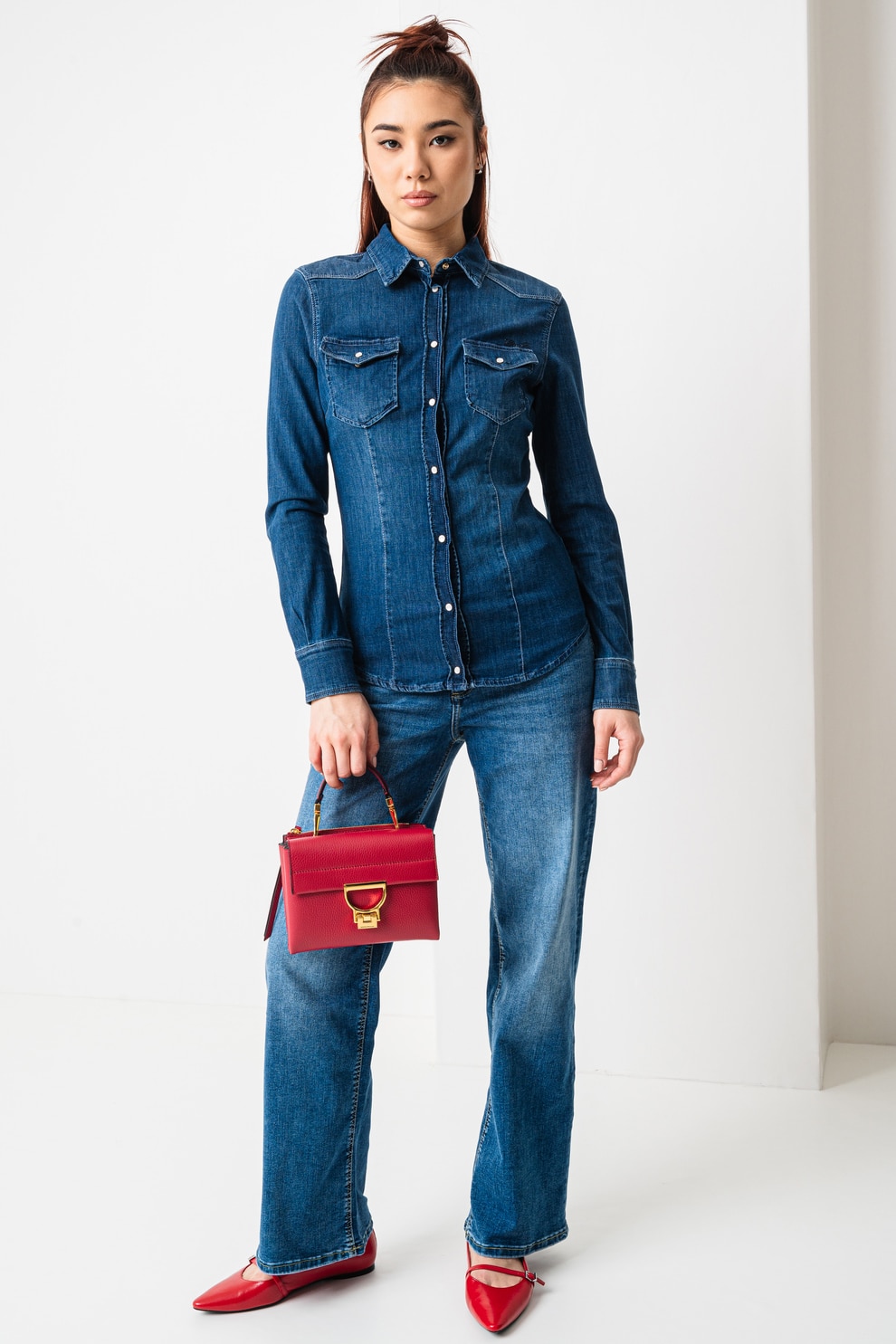 Liu Jo, Camasa de denim cu buzunare pe piept, Albastru inchis, 44