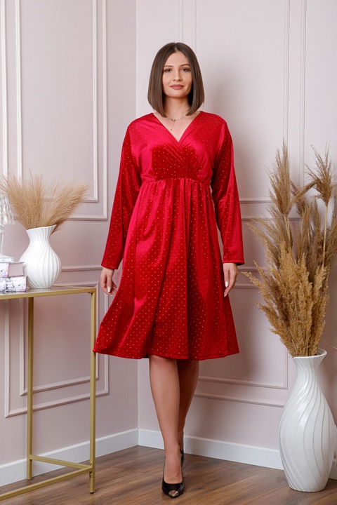 Червена кадифена рокля с голям размер Eveline с кристали, One Size INTL