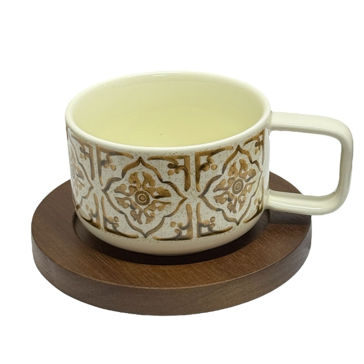 Set Ceasca Portelan si suport Lemn, TERRA COLLECTION, 250 ml CAPPUCCINO