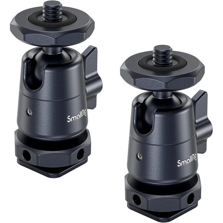 Set 2 adaptor cu cap tip bila cu surub de 1-4"-20 si suport patina cold shoe detasabil, din aluminiu, rotativ 360 de grade, pentru trepiede, monopiede, camere video