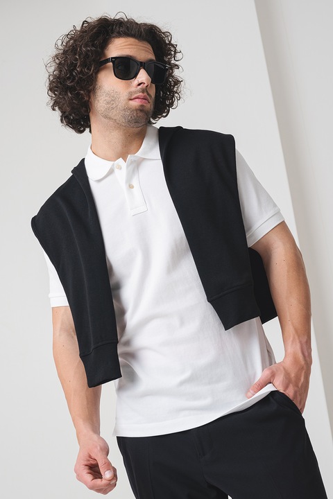 Scotch & Soda, Tricou de bumbac cu decolteu polo, Alb optic