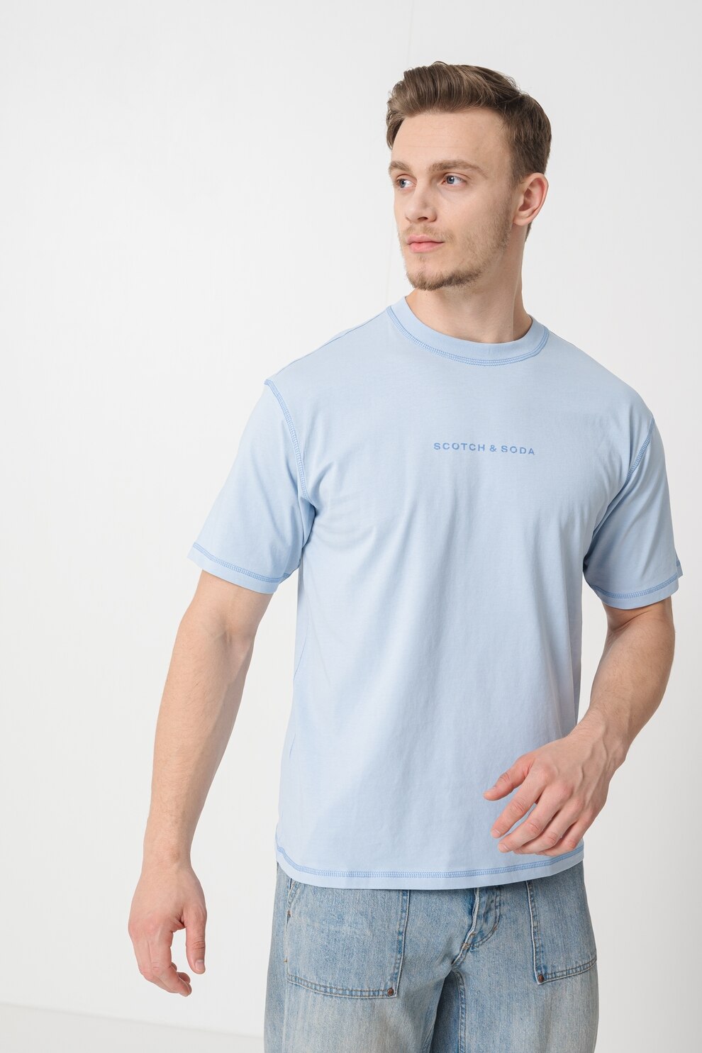 Scotch & Soda, Tricou cu decolteu la baza gatului si imprimeu logo, Albastru pastel, M