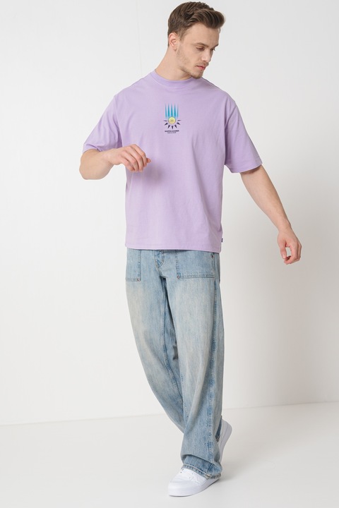 Scotch & Soda, Tricou din bumbac cu imprimeu, Albastru pastel/Maro inchis/Lila, 2XL