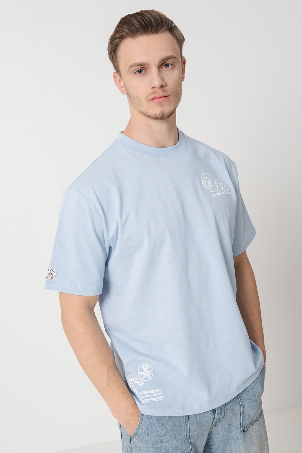 Scotch & Soda, Tricou de bumbac cu imprimeu, Albastru pastel, Alb optic, L
