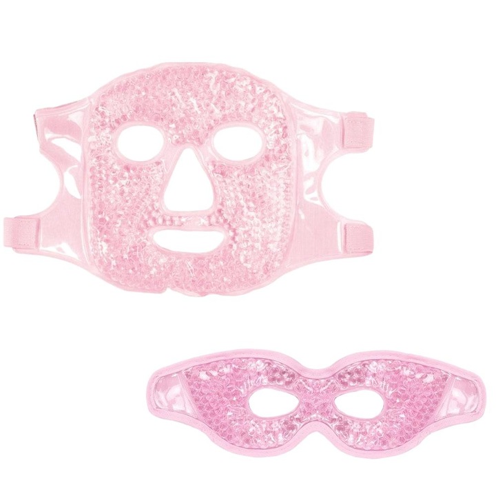 Set masca de fata si masca pentru ochi, AONYIYI, gel PVC, efect de racire, ideal pentru migrene, Roz