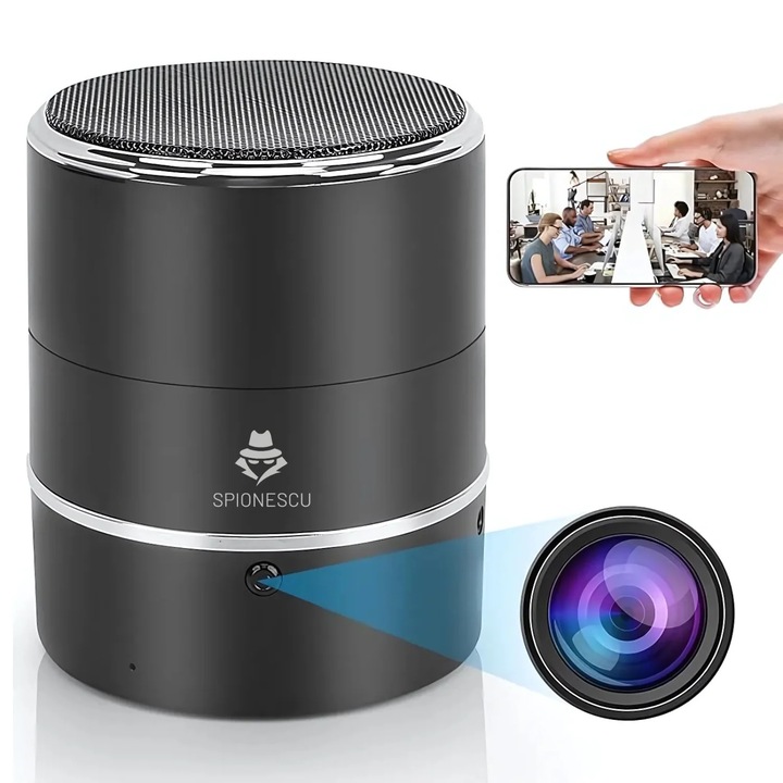 Boxa bluetooth cu camera ascunsa, Spionescu, Wifi, rotatie senzor 240°, detectia miscarii, Android/iOS, stocare card/cloud, 1080P, baterie 3000 mAh, negru