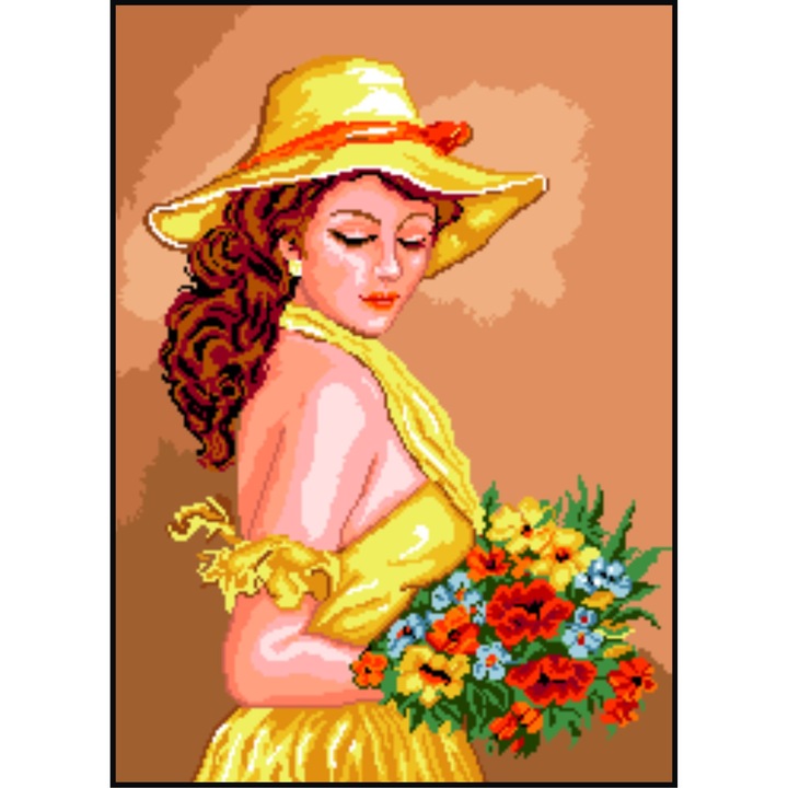 Fata cu flori - kit goblen cu diagrama alb-negru