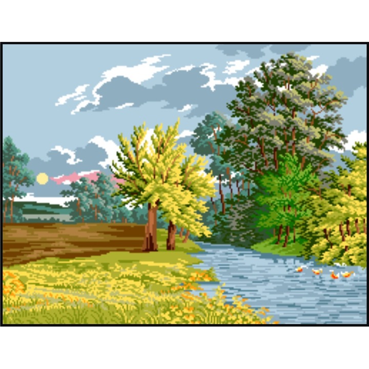 Vara pe rau - kit goblen cu panza imprimata