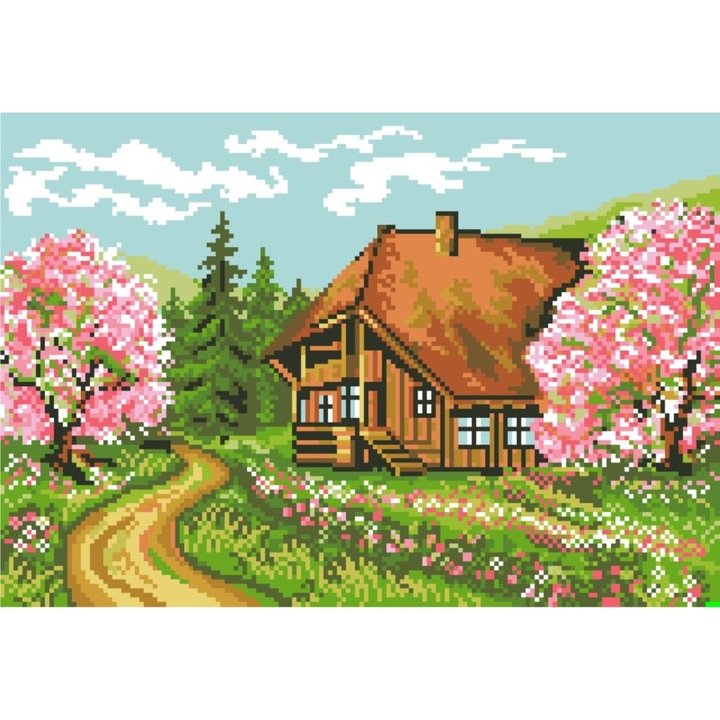 Primavara pe deal - kit goblen cu diagrama color