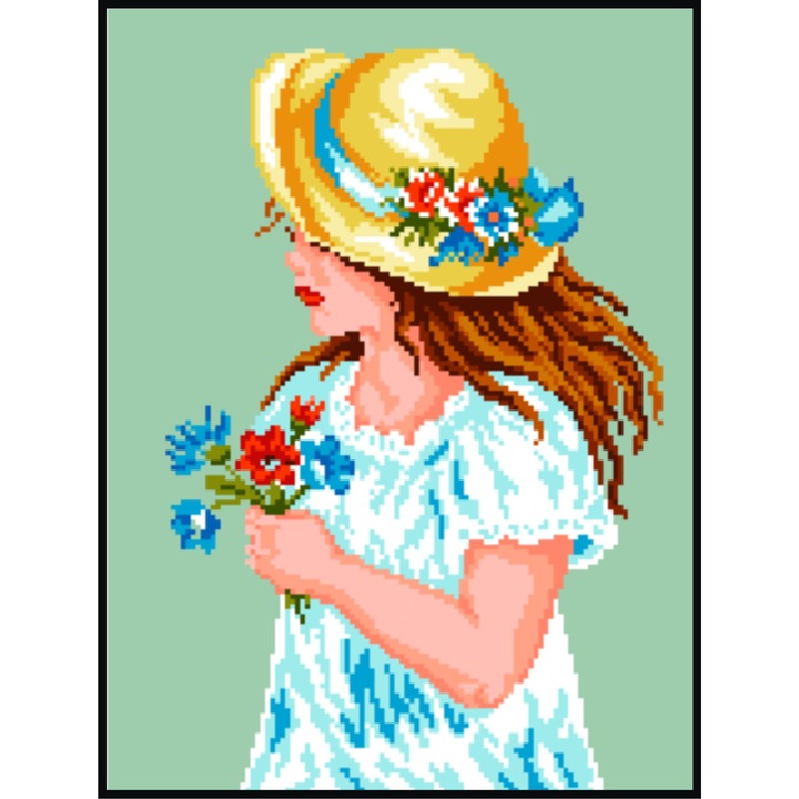 Fetita palarie galbena - kit goblen cu panza imprimata