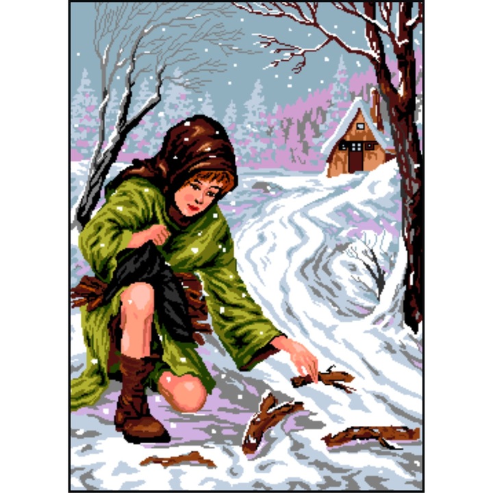 Fata cu vreascuri - kit goblen cu diagrama alb-negru