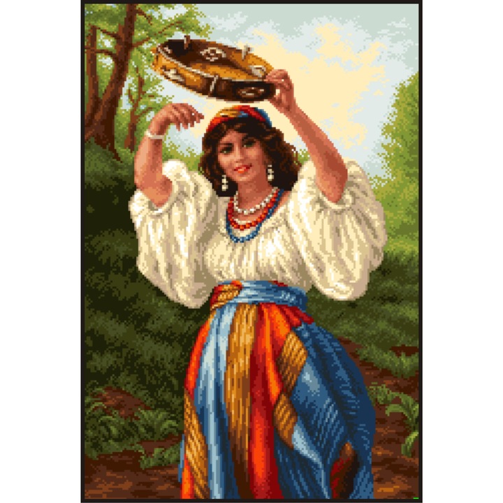 Dans cu tamburina - kit goblen cu diagrama alb-negru