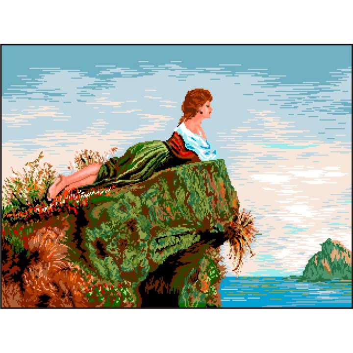 Fata pe stanca - kit goblen cu diagrama alb-negru