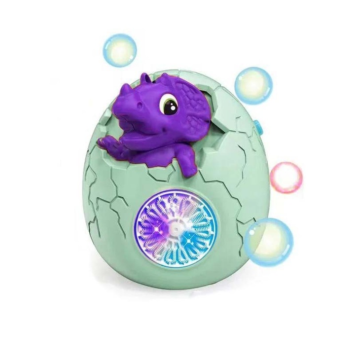 Jucarie Interactiva de Facut Baloane de Sapun, Dinozaur in Ou, Pentru Copii, Mov, cu Lumini si Sunete, 11x 9x13 cm, Dalimag