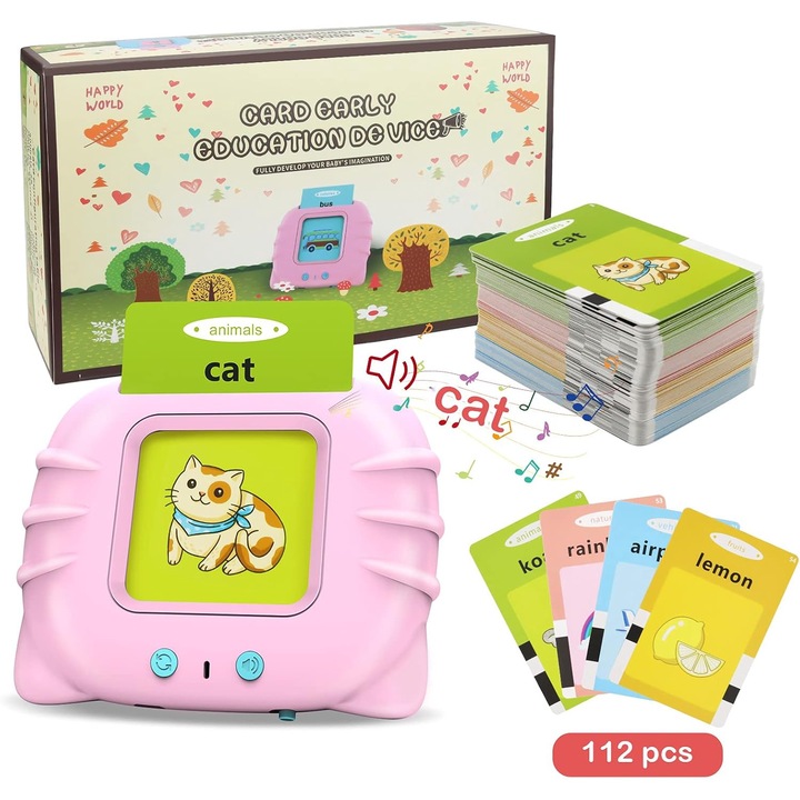 Jucarie educativa Montessori, VALA® Toys, Set masina de invatare limba engleza cu cititor de carduri, 112 bucati carduri flash 224 de cuvinte, 2 ani+, Roz