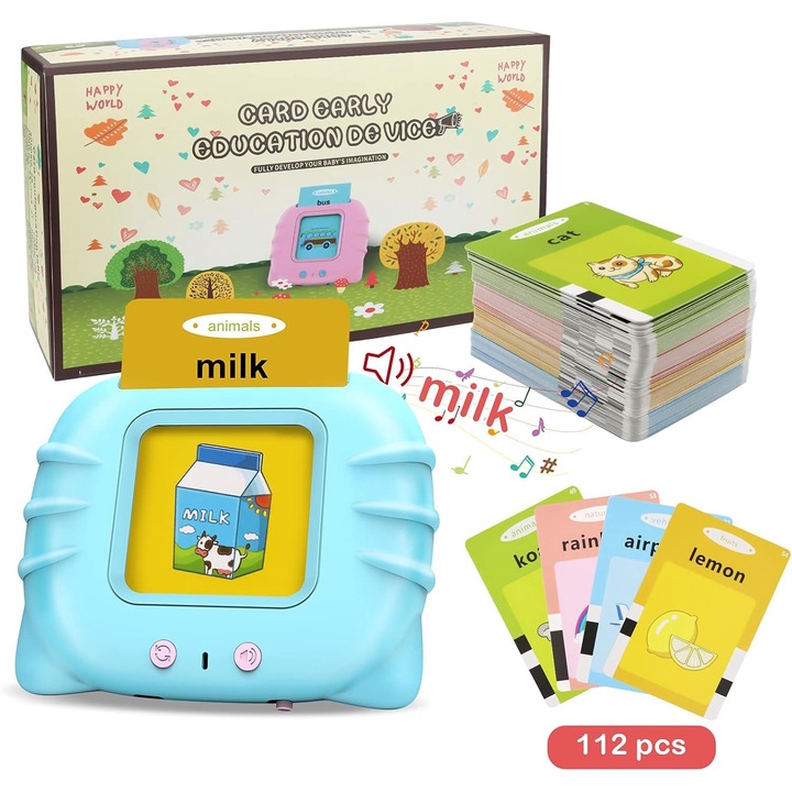 Jucarie educativa Montessori, VALA® Toys, Set masina de invatare limba engleza cu cititor de carduri, 112 bucati carduri flash 224 de cuvinte, 2 ani+, Albastru