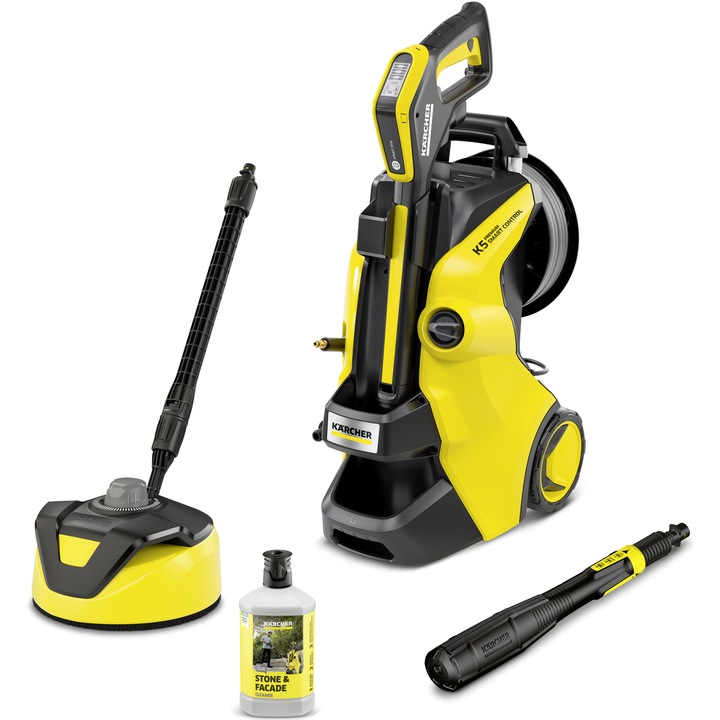 Водоструйка Karcher K5 Premium Smart Control Home Flex, Мощност 2100 W, Максимално налягане 145 бара, Максимален дебит 500 л/ч, Маркуч за налягане PremiumFlex 10 м, Система Plug 'n' Clean, Четка T5, 0,5 л препарат, Bluetooth, Пистолет G180Q Smart Control