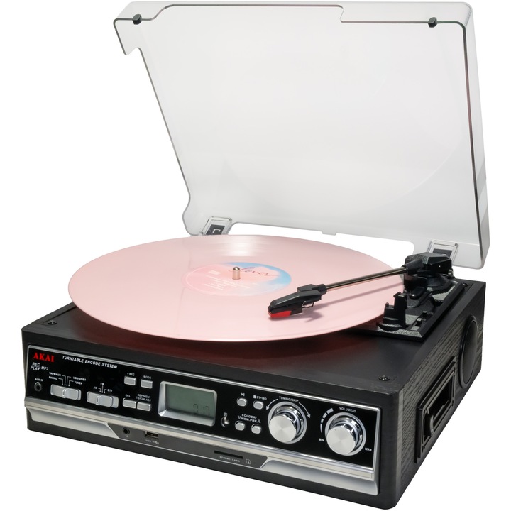 Pick-Up AKAI ATT-15SE, Bluetooth, Radio FM, USB, Aux In, Cassette Player, Черен