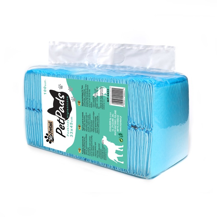 Pachet de 100 absorbante igienice pentru caini, Mr. Pretzel, 35x45cm, foarte absorbante, pentru invatarea curateniei