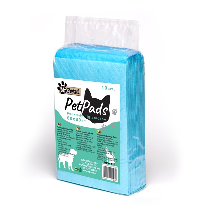 Pachet de 10 absorbante igienice pentru caini Mr. Pretzel, 60x60cm, foarte absorbante, pentru invatarea curateniei