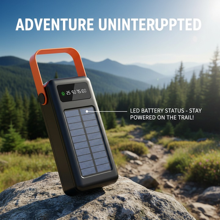 Baterie Externa Solara, Power Bank 50.000 mAh, 1 Panouri, Power bank pentru exterior, Negru