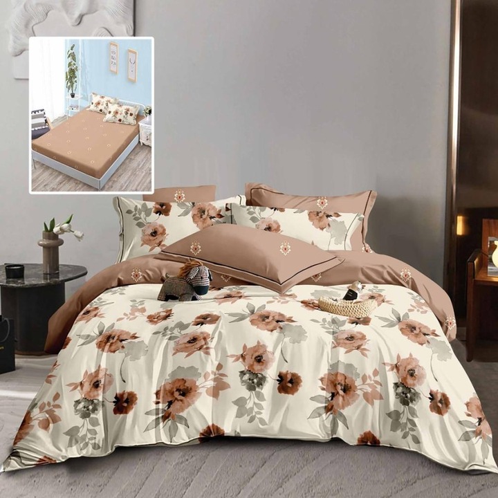 Lenjerie pat dublu din finet cu flori, cearceaf pat cu elastic 180x200 cm, 6 piese, Lenjerii Deosebite