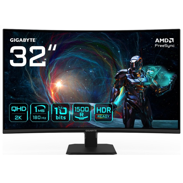 Játékmonitor VA LED Gigabyte 31,5" GS32QCA, QHD (2560 x 1440), HDMI, DisplayPort, ívelt képernyő, 180 Hz, 1 ms (fekete)