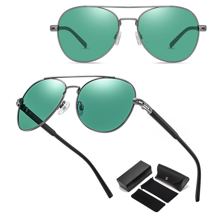 Aviator napszemüveg, Stilion, STL52 modell, poláris, fekete, zöld lencsék, komplett tartozékkészlet