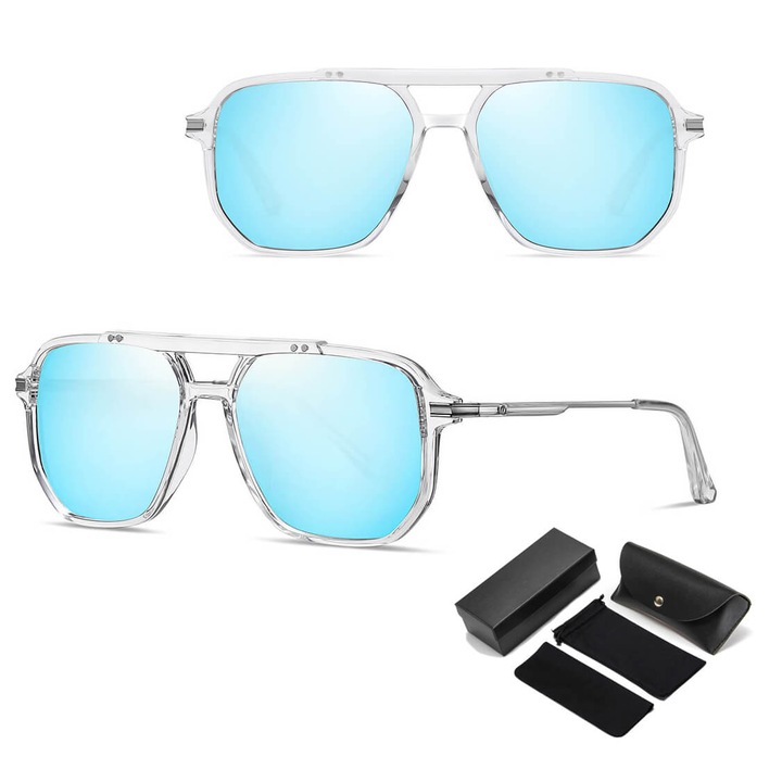 Ochelari de soare aviator, Stylion, model STL56, polaroizi, UV400, fara rame, albastru lustrui, 13.6x4.9cm, set complet accesorii