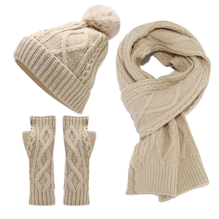 Set de Caciula, Fular si Manusi pentru Femei, Bej, Unisex