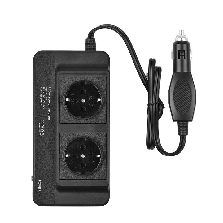Инвертор за автомобил 12V към 220V EU 220V двоен контакт, Welora, Mакс. 200W, C 2 USB порта и един USB Type C, 60 cm кабел, 21x6x5 cm, Черен