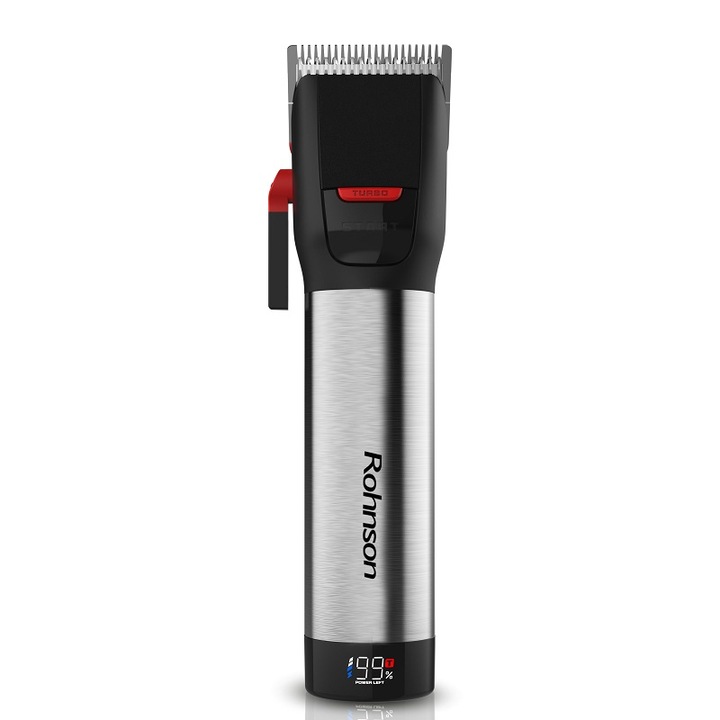 Masina de tuns profesionala Rohnson Pro R1018, TURBO, Waterproof, 3.7 V, 2000 mAh, 120 min, afisaj digital, 1-1.9 mm, 6 piepteni (3, 6, 9, 12, 15, 18), auto-ascutire, USB