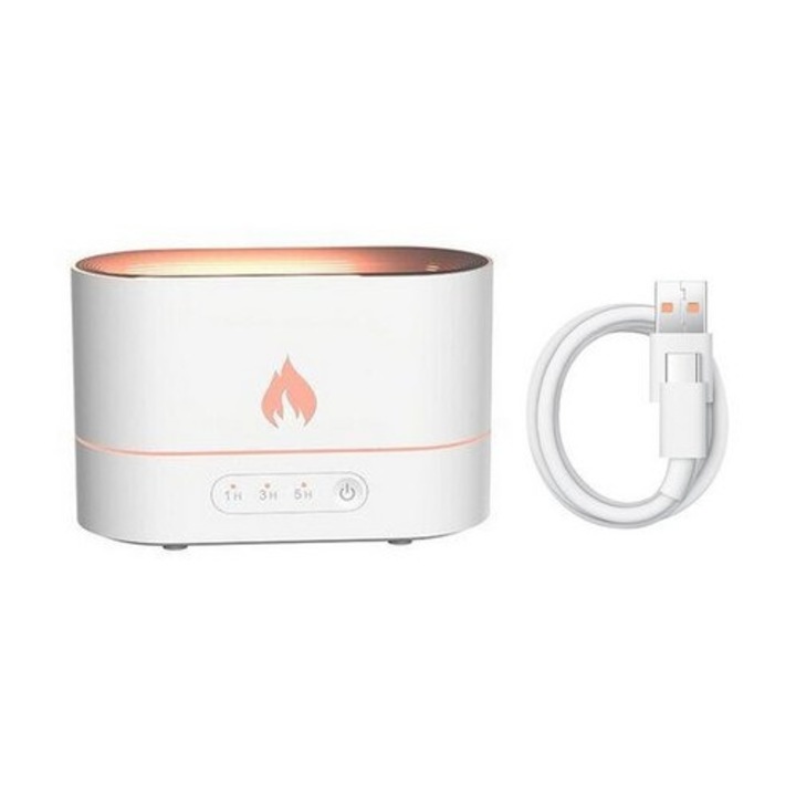 Lángoló kandalló típusú légpárásító, 4,5 W, 250 ml, USB-C töltőkábel, aromaterápiás funkció, fehér