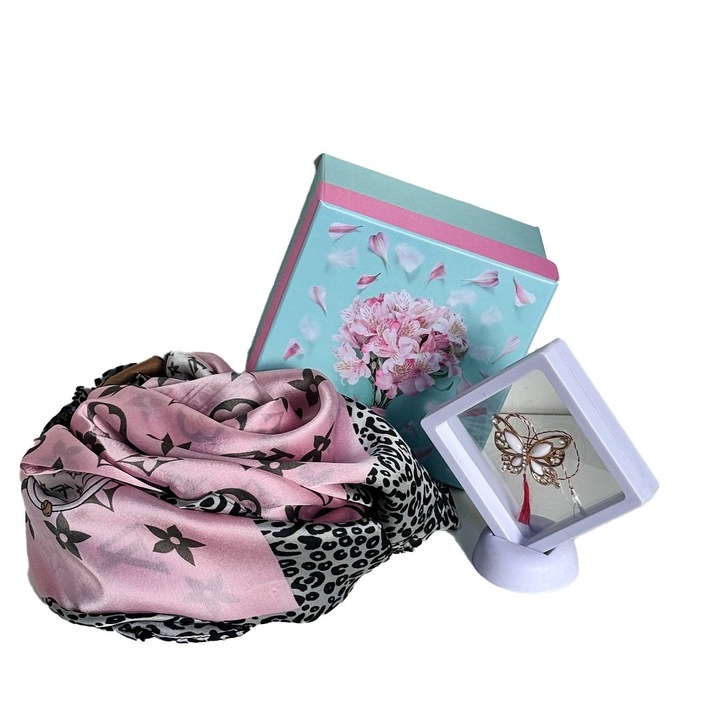 Pachet cadou femei ForYou, brosa fluture si esarfa din matase 180x80 cm, in cutie eleganta, Velve