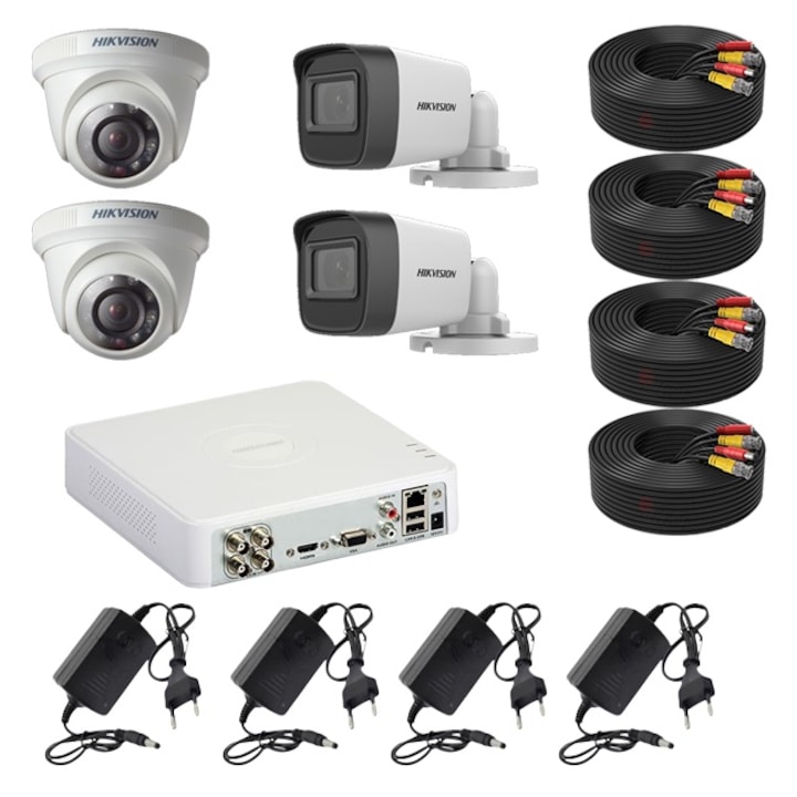 Hikvision система за видеонаблюдение за дом или бизнес с 4 камери 2MP, 2 външни IR40m и 2 вътрешни IR20m, без HDD