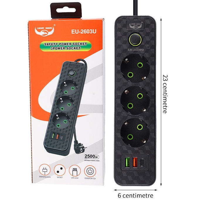 Prelungitor, Digital One, SP00983 multipla, 220V, 3 prize, 3 porturi USB, eu-2603u, Alb, 1,5 m, 2500 W