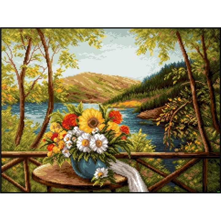 Terasa la munte - kit goblen cu panza imprimata