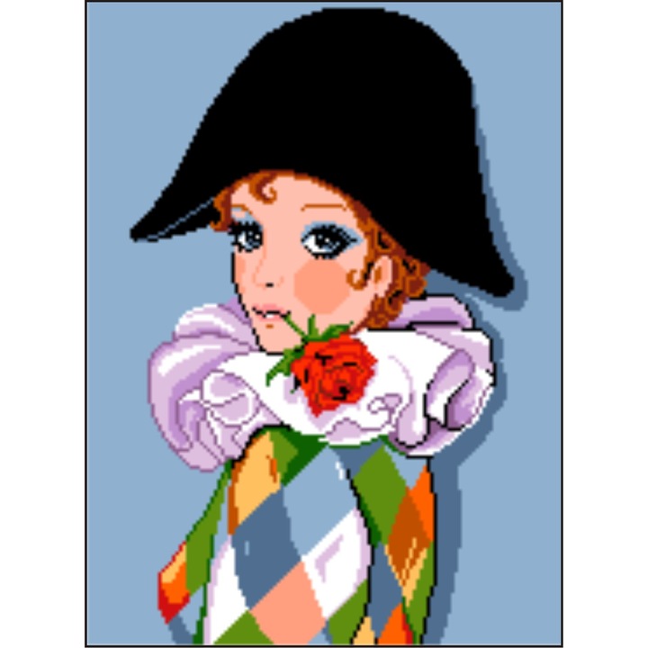 Arlechin cu casca neagra - kit goblen cu diagrama alb-negru