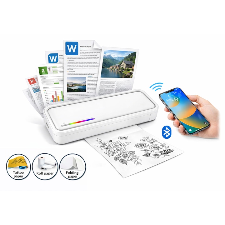 Imprimanta termica multifunctionala DAMAIU, fara tus, imprimare foaie transfer tatuaj, printare documente A4, Portabila, Bluetooth, compatibil cu iOS/Android, APP, Windows/MAC, alb