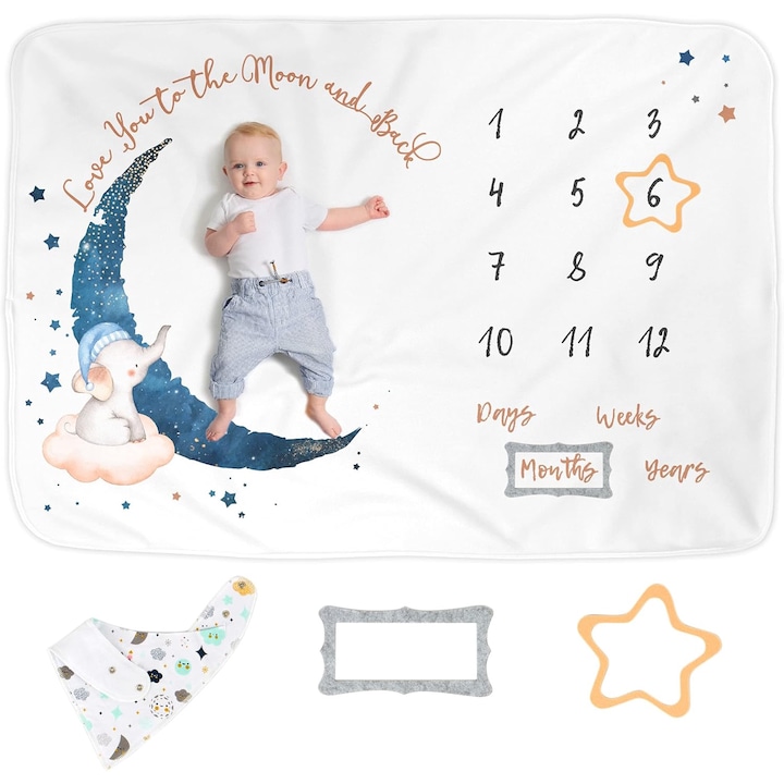 Patura Pufoasa Milestone Luka&Lily, Pentru Aniversari Bebelusi, 100x150 cm, Material Catifelat, Fin si Pufos din Flanel, Baveta, Chenare Selectare Varsta, Tema Luna elefantului