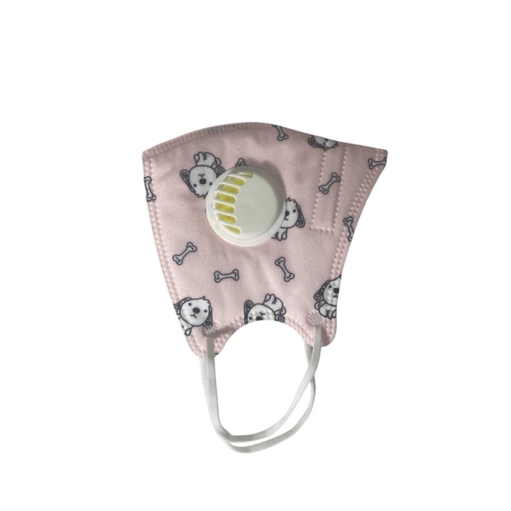 Gyermek FFP2 Valve-Valve maszk, kölyökkutyás minták, 5 rétegű, rózsaszín