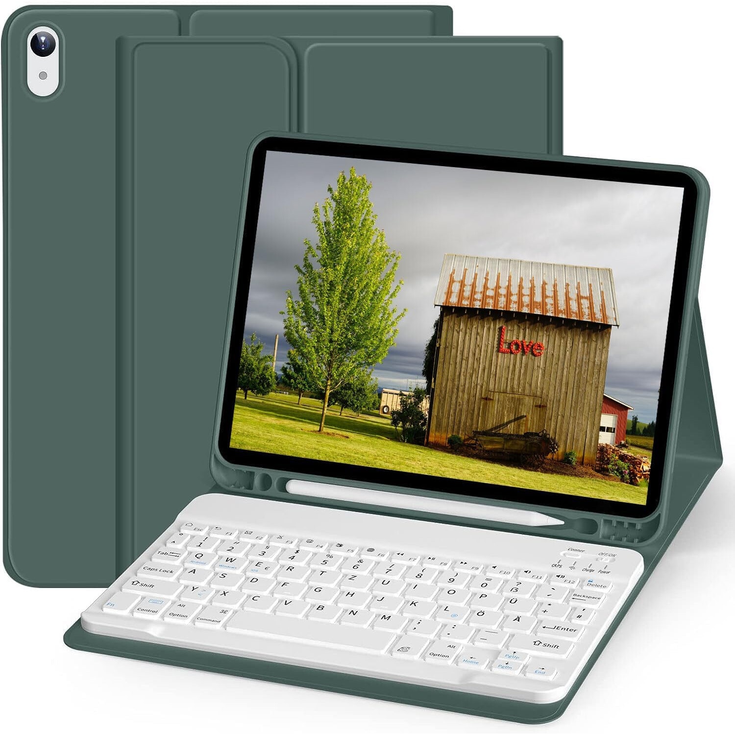 Husa cu tastatura ZOYU, pentru iPad Air 5 (2022) / iPad Air 4 (2020), layout QWERTZ, cu suport pentru stilou, verde inchis