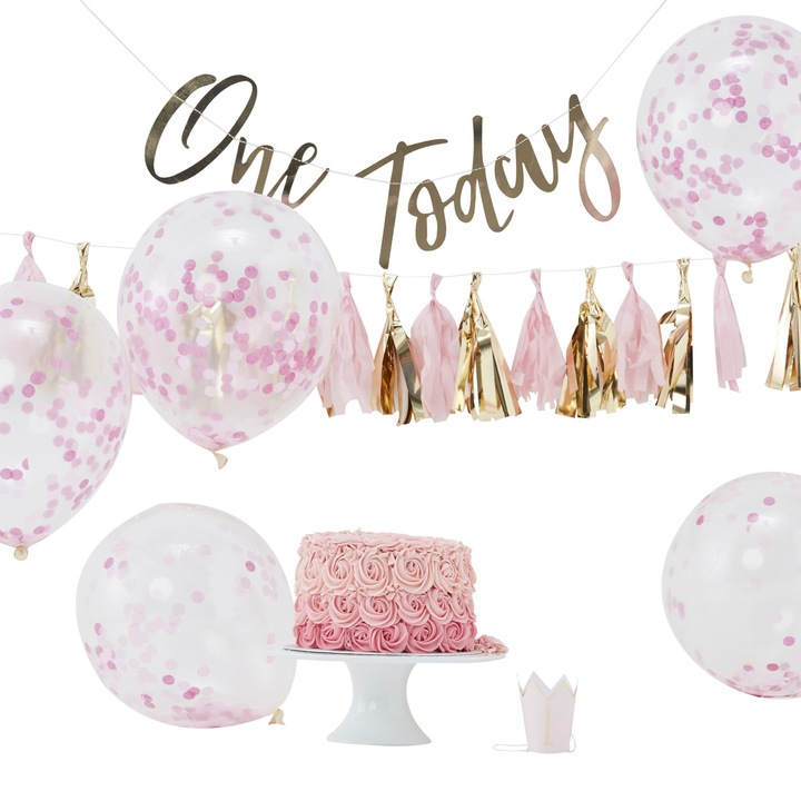 Комплект за 1 година юбилей, Ginger Ray, 5 балона с конфети, банер „One Today“, банер с ресни, шапка, розово и златно